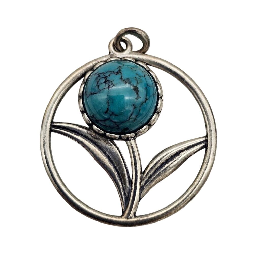 Silver Toned Turquoise Cabochon Stone Flower Design Pendant
